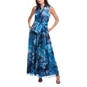 NWT Julia Jordan Blue Floral Organza Shirt Dress Button Front Size 12